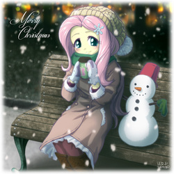 Size: 800x800 | Tagged: safe, artist:uotapo, fluttershy, human, equestria girls, g4, bench, bundled up, bundled up for winter, christmas, clothes, female, hat, mittens, scarf, sitting, snow, snowfall, solo, winter, winter outfit