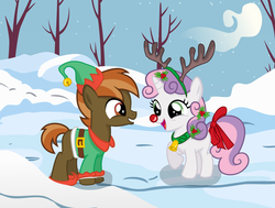 Size: 8000x6041 | Tagged: safe, artist:medio-cre, artist:steghost, button mash, sweetie belle, elf, g4, absurd resolution, buttonbetes, cute, diasweetes, female, male, red nose, reindeer antlers, ship:sweetiemash, shipping, snow, snowfall, straight