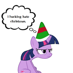 Size: 567x567 | Tagged: safe, artist:pieski, twilight sparkle, g4, angry, elf hat, female, grumpy twilight, hat, solo, speech bubble