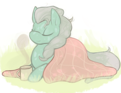 Size: 500x385 | Tagged: safe, artist:tigs, screw loose, earth pony, pony, g4, blanket, eyes closed, female, mare, mug, sane, solo