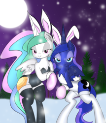 Size: 2646x3072 | Tagged: safe, artist:qcryzzy, artist:zev, princess celestia, princess luna, pony, g4, bedroom eyes, bipedal, bunny ears, bunny suit, bunnylestia, clothes, cuffs (clothes), female, leotard, mare, moon, snow, stockings