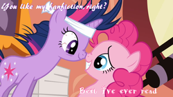 Size: 960x540 | Tagged: safe, pinkie pie, twilight sparkle, g4, caption, fanfic, pink text, purple text