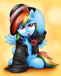 Size: 700x875 | Tagged: safe, artist:xioade, rainbow dash, pegasus, pony, g4, clothes, female, hat, jacket, leather, leather jacket, rainbow dash always dresses in style, rose, solo