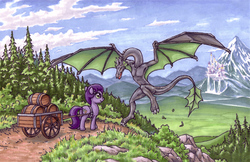 Size: 905x586 | Tagged: safe, artist:choedan-kal, oc, oc only, oc:cork dork, oc:riftwing, dragon, earth pony, pony, barrel, canterlot, cart, duo, female, mare, mountain, pine tree, riftwing, scenery, spread wings, tail fin, tree, wings
