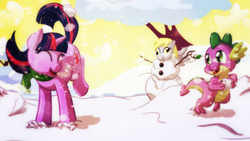 Size: 2560x1440 | Tagged: safe, artist:mastertrevor, derpy hooves, spike, twilight sparkle, pegasus, pony, g4, clothes, female, mare, scarf, snow, snowball, snowman