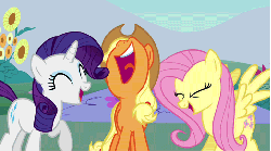 Size: 522x291 | Tagged: safe, screencap, applejack, fluttershy, rarity, earth pony, pegasus, pony, unicorn, dragonshy, g4, animated, eyes closed, female, gif, horn, laughing, laughingmares.jpg, mare, no tail, nose in the air, open mouth, smiling, spread wings, trio, volumetric mouth