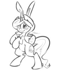 Size: 2049x2550 | Tagged: safe, artist:leadhooves, oc, oc only, oc:succy, pony, bipedal, bunny ears, grayscale, monochrome, solo
