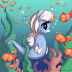 Size: 1125x1125 | Tagged: safe, artist:prettypinkpony, oc, oc only, oc:cozy cotton, fish, sea pony, bubble, cute, eyelashes, smiling, solo, underwater