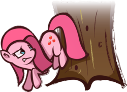 Size: 2978x2151 | Tagged: safe, artist:idolikewaffles, pinkie pie, earth pony, pony, g4, magical mystery cure, applebucking, female, mare, simple background, solo, swapped cutie marks, transparent background, tree