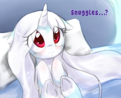 Size: 732x591 | Tagged: safe, artist:celerypony, oc, oc only, oc:celery, pony, unicorn, bed, cute, floppy ears, frown, hair physics, looking at you, mane physics, ocbetes, on back, pillow, precious, sad, snuggling, solo, underhoof, weapons-grade cute