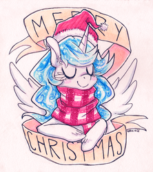 Size: 1138x1280 | Tagged: dead source, safe, artist:jopiter, oc, oc only, christmas, clothes, hat, old banner, santa hat, scarf, snowflake, solo, traditional art