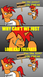 Size: 418x750 | Tagged: safe, edit, oc, oc only, pony, unicorn, /mlp/, abstract background, bully, clothes, comic, love and tolerate, sad, shirt, sign, t-shirt, text