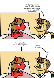 Size: 701x1004 | Tagged: safe, artist:thelastgherkin, doctor horse, doctor stable, oc, oc:cinnabar springs, pony, unicorn, g4, bed, blushing, clothes, comic, implied gay, implied hoofing, male, pillow, stallion