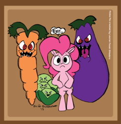 Size: 800x817 | Tagged: safe, artist:bickcomixx, pinkie pie, pony, g4, ambiguous gender, bipedal, cabbage, carrot, eggplant, female, food, group, vegetables