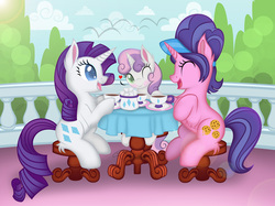 Size: 6151x4609 | Tagged: safe, artist:auveiss, cookie crumbles, rarity, sweetie belle, g4, absurd resolution, cookiebetes, cup, cute, diasweetes, female, fluffy, heart, mother and child, mother and daughter, raribetes, sitting, table, tea, tea party