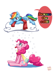 Size: 600x800 | Tagged: safe, artist:norang94, pinkie pie, rainbow dash, g4, clothes, cloud, female, lesbian, scarf, ship:pinkiedash, shipping, snow, snowfall