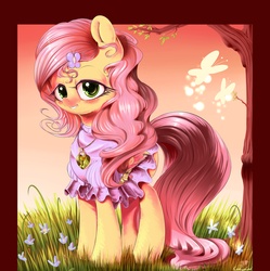 Size: 4910x4928 | Tagged: safe, artist:carligercarl, fluttershy, pegasus, pony, g4, absurd resolution, blushing, clothes, dress, female, flower, folded wings, grass, hair accessory, jewelry, looking at you, mare, necklace, outdoors, smiling, solo, standing, three quarter view, tree, wings