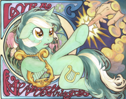 Size: 1800x1416 | Tagged: safe, artist:muffyn-man, lyra heartstrings, human, pony, unicorn, g4, female, fine art parody, floppy ears, hand, horn, incorrect leg anatomy, lyre, mare, markers, modern art, musical instrument, nouveau, open mouth, the creation of adam, traditional art