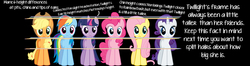 Size: 1750x459 | Tagged: safe, applejack, fluttershy, pinkie pie, rainbow dash, rarity, twilight sparkle, g4, height difference, mane six, size chart, size comparison, stare, tallerdash, text