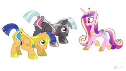 Size: 1191x670 | Tagged: safe, artist:flashlighthouse, flash sentry, princess cadance, thunderlane, alicorn, pegasus, pony, g4, armor, bowing, female, male, mare, royal guard armor, simple background, stallion, trio, white background