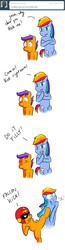 Size: 643x2460 | Tagged: safe, artist:starykrow, rainbow dash, scootaloo, pony, ask the cmc, g4, bipedal, blood, captain falcon, comic, f-zero, falcon kick, helmet, kick, super smash bros., tumblr