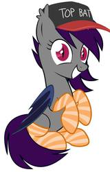 Size: 614x960 | Tagged: source needed, safe, artist:toner, oc, oc only, oc:scratchy, bat pony, pony, baseball cap, clothes, cute, grin, hat, looking at you, scratchie, simple background, sitting, smiling, socks, solo, striped socks, top bat, top gun, weapons-grade cute