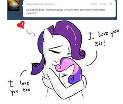 Size: 715x607 | Tagged: safe, artist:starykrow, rarity, sweetie belle, ask the cmc, g4, heart, hug, tumblr