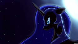 Size: 1280x720 | Tagged: safe, artist:kanashiipanda, nightmare moon, alicorn, pony, g4, female, helmet, mare, moon, night, profile, solo, stars