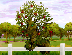 Size: 1908x1460 | Tagged: safe, artist:futurianec, bloomberg, timber wolf, apple orchard, apple tree, fence, solo, species swap, tree