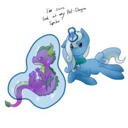 Size: 500x500 | Tagged: safe, artist:dreams-of-the-broken-kids, spike, trixie, dragon, pony, unicorn, g4, alternate universe, ask, collar, dialogue, female, male, mare, simple background, transparent background, tumblr