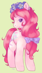 Size: 647x1125 | Tagged: safe, artist:daintysweetheart, dainty, earth pony, pony, g1, bow, female, floral head wreath, green background, looking at you, mare, simple background, solo, tail