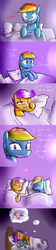 Size: 800x3600 | Tagged: safe, artist:starykrow, rainbow dash, scootaloo, ask the cmc, g4, bed, dream, female, heart, plushie, sleeping, tumblr