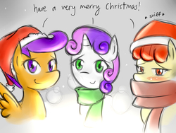 Size: 800x600 | Tagged: safe, artist:starykrow, apple bloom, scootaloo, sweetie belle, earth pony, pegasus, pony, unicorn, ask the cmc, g4, blushing, christmas, clothes, cutie mark crusaders, dialogue, female, filly, foal, gradient background, hat, holiday, looking at you, merry christmas, santa hat, scarf, smiling, spread wings, talking, tumblr, wings
