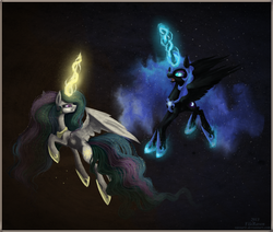 Size: 1024x869 | Tagged: safe, artist:grinu, nightmare moon, princess celestia, alicorn, pony, g4, dark, duel, fight, flying, glowing, magic, scene interpretation