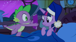 Size: 1920x1080 | Tagged: safe, screencap, spike, twilight sparkle, alicorn, pony, g4, power ponies (episode), bed, blanket, book, cap, clock, comic book, comic book meme, female, hat, mare, nightcap, pillow, showing, template, twilight sparkle (alicorn)