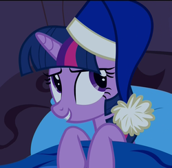 Size: 1102x1080 | Tagged: safe, screencap, twilight sparkle, alicorn, pony, g4, power ponies (episode), adorkable, bed, blanket, cap, cute, dork, female, grin, hat, mare, nightcap, smiling, solo, twilight sparkle (alicorn)