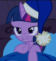 Size: 990x1078 | Tagged: safe, screencap, twilight sparkle, alicorn, pony, g4, power ponies (episode), bed, blanket, cap, cute, female, hat, lidded eyes, mare, nightcap, smiling, solo, twilight sparkle (alicorn)