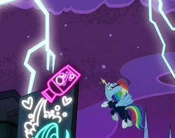 Size: 1053x830 | Tagged: safe, screencap, rainbow dash, zapp, g4, power ponies (episode), female, lightning, neon, neon sign, power ponies, solo