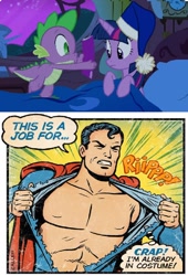 Size: 732x1079 | Tagged: safe, spike, twilight sparkle, alicorn, human, pony, g4, my little pony: friendship is magic, season 4, bed, blanket, book, cap, chest, comic, comic book, comic book meme, dialogue, exploitable meme, fail, female, hat, male, mare, meme, nightcap, speech bubble, spike's comic, superman, thought bubble, twilight sparkle (alicorn)