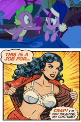 Size: 732x1108 | Tagged: safe, spike, twilight sparkle, alicorn, human, pony, g4, my little pony: friendship is magic, power ponies (episode), bed, blanket, book, bra, cap, clothes, comic, comic book, comic book meme, dialogue, exploitable meme, fail, female, frilly underwear, hat, mare, meme, nightcap, speech bubble, spike's comic, thought bubble, twilight sparkle (alicorn), underwear, wonder woman