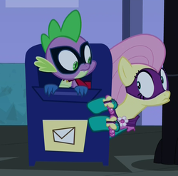Size: 882x873 | Tagged: safe, screencap, fluttershy, saddle rager, spike, g4, power ponies (episode), humdrum costume, mailbox, mask, power ponies, scared