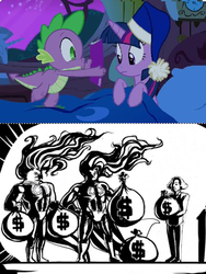Size: 531x708 | Tagged: safe, spike, twilight sparkle, alicorn, human, pony, g4, power ponies (episode), bag, bed, blanket, book, cap, comic, comic book, comic book meme, dollar sign, female, hat, jontron, mare, money, moneybags, nightcap, nightshade: the claws of heugh, spike's comic, twilight sparkle (alicorn)