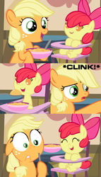 Size: 1280x2240 | Tagged: safe, artist:beavernator, apple bloom, applejack, pony, g4, adorabloom, baby, baby apple bloom, baby pony, chair, comic, cute, daaaaaaaaaaaw, feederjack, feeding, female, filly, filly applejack, foal, highchair, hnnng, spoon, weapons-grade cute, younger