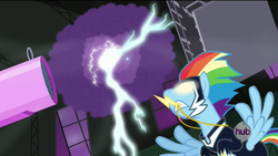 Size: 1920x1080 | Tagged: safe, rainbow dash, zapp, g4, power ponies (episode), female, glowing eyes, hub logo, lightning, power ponies, solo, storm
