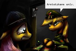 Size: 1095x730 | Tagged: safe, artist:duh-veed, applejack, fluttershy, earth pony, pegasus, pony, g4, arstotzka, crossover, crying, denied, inspector, papers please