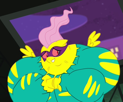 Size: 1240x1026 | Tagged: safe, screencap, fluttershy, saddle rager, g4, power ponies (episode), cute, embarrassed, female, flutterhulk, power ponies, shyabetes, solo