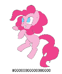 Size: 350x420 | Tagged: safe, artist:yottawatt, pinkie pie, pony, g4, animated, blank flank, caption, female, silly, silly pony, simple background, smiling, solo, spinning