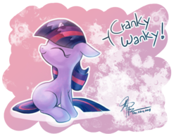 Size: 933x712 | Tagged: safe, artist:chingilin, twilight sparkle, pony, unicorn, g4, ^^, blank flank, cute, dialogue, ears back, eyes closed, female, filly, filly twilight sparkle, floppy ears, looking back, multicolored mane, multicolored tail, outline, signature, sitting, smiling, solo, tail, twiabetes, unicorn twilight, white outline, younger