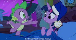 Size: 1151x608 | Tagged: safe, screencap, spike, twilight sparkle, alicorn, pony, g4, power ponies (episode), bed, blanket, book, cap, comic book, female, hat, mare, meme, nightcap, pillow, powerpoint, showing, twilight sparkle (alicorn), youtube caption