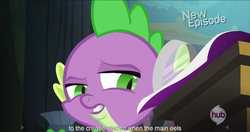 Size: 1152x609 | Tagged: safe, screencap, spike, dragon, g4, power ponies (episode), male, meme, solo, youtube caption